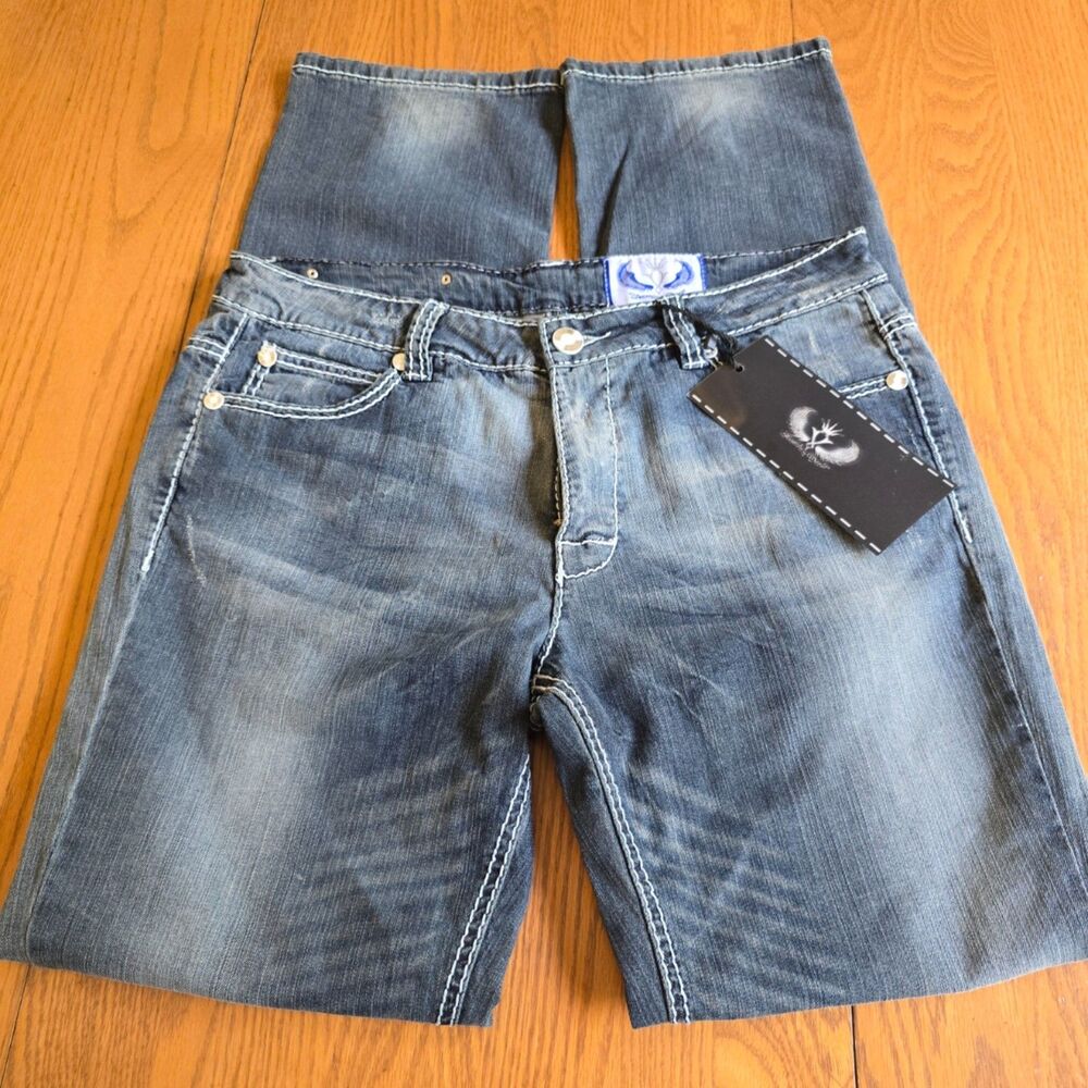 NWT Premium Denim Distressed Medium Wash White Stitch Straight Leg Jeans Size 12